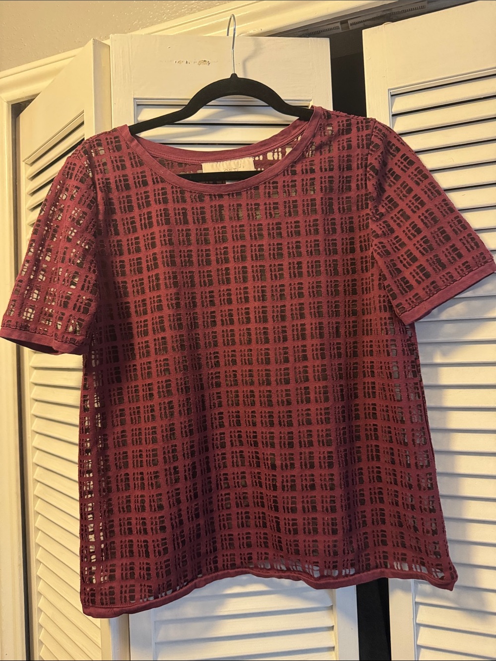 LOFT Short Sleeve Crochet Overlay Tee in Berry